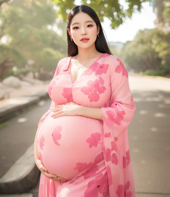 pregnant woman in pink dress posing for a picture in front of a tree, pregnant belly, maternal photography 4 k, pregnant, pregnancy, asian woman, highly realistic photo, iray, photorealistic full body, her belly is fat and round, maternity feeling, korean woman, an asian woman, wearing pink floral chiton, digital art. photo realistic, photorealistic picture