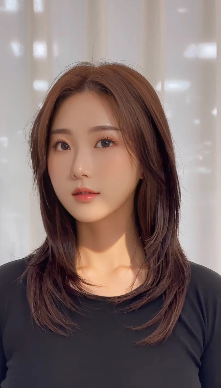 Best Quality, 8k, Masterpiece, (Portrait: 1.3), (photo realistic:1.4), (hyper realistic:1.4), Sharp Focus, looking at viewer, (smoother lighting:1.1), (increase cinematic lighting quality:0.9), realistic lighting, backlighting, light on face, ray trace, (brightening light:1.2), (Increase quality:1.4), sharp detail, (best quality real texture skin:1.4), finely detailed eyes, black_eyes, finely detailed face, 25 year old Korean woman
