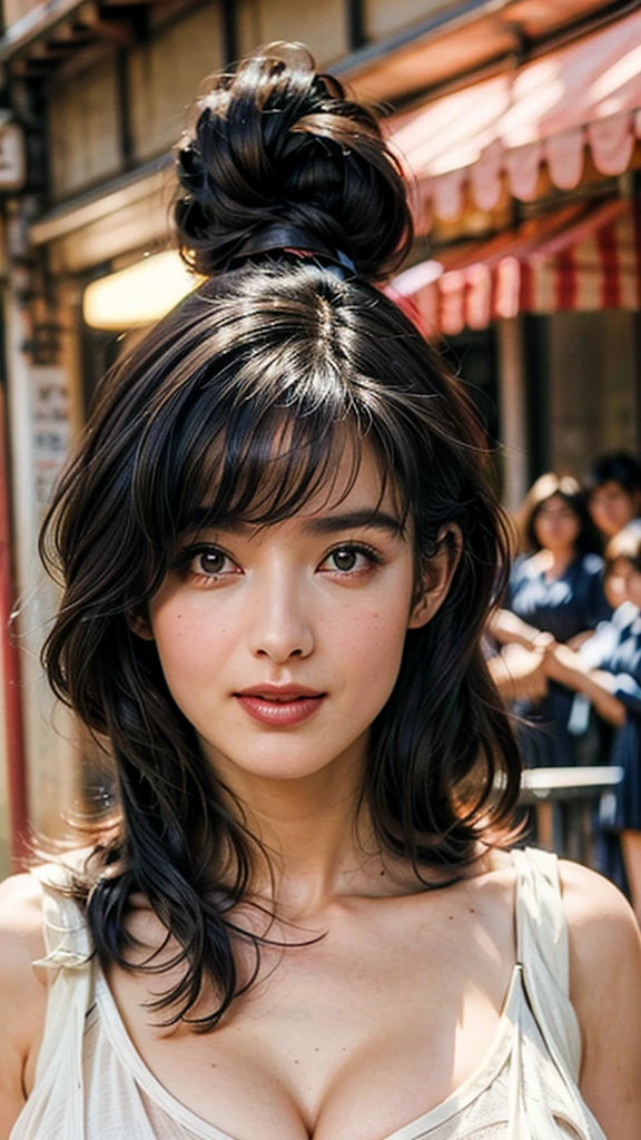 (masterpiece:1.3), (8K, Photorealistic, Raw photo, Best image quality: 1.4), Japanese girl、(Random Hairstyles:1.2)、Cleavage:1.2、Super detailed face、Attention to detail、double eyelid、Put your chest together、Sharp focus:1.2、Beautiful woman:1.4、Light brown hair、Highest quality、masterpiece、Ultra-high resolution、(Photorealistic:1.4)、, compensate, eye shadow, Thick eyelashes, Fantasy, Looking at the audience, spring ((Natural big breasts:1.4)),((Upper Body))