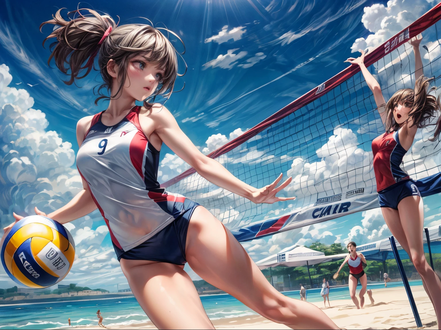 modern style,Realistic,An illustration,Photorealistic,Actual photo,colorful,Beach volleyball tournament,Beautiful woman receiving the ball,Beautiful woman jumping up and tossing,A beautiful woman jumping up and attacking,
Sandy beach venue,Cumulonimbus clouds in the blue sky,Summer beach,
Two people on the other side of the net,
Numbers on swimsuits,Dynamic composition,
Beach volleyball equipment,
Detailed Description,View here,Serious,decision,Strong-willed,
Perfect face and body,Detailed face,Perfect Anatomy,Beautiful Face,
masterpiece,Highest quality,8K,High resolution,Raw photo,Professional,
Award-winning,Browsing Caution,
Cinematic lighting,Natural lighting,
Eye level,Front shot,
Medium Shot,
Physically Based Rendering,
Thin contours,