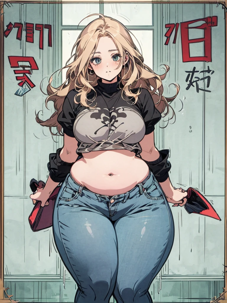 Beautiful plus size anime girl, fashion able overweight girl, pretty, large , wide hips, big tummy, large stomach, cute stomach bump, fashion, outfit, cool pretty clothes, long hair, waist length hair, blonde hair, straight hair, stomach rolls, back rolls, fat, overweight