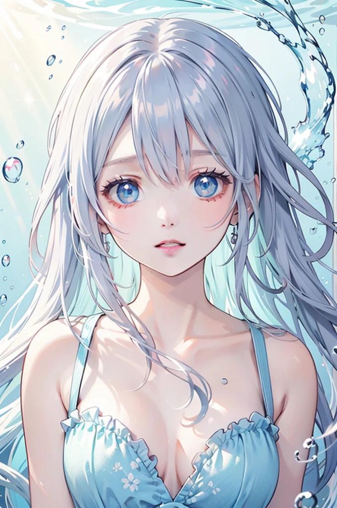 underwater, girl, surprised expression, cat, colorful fish, face close-up, sunlight reflections, water surface, bubbles, serene, peaceful, anime style, vibrant colors, detailed, ethereal, sparkling light, soft shadows, tranquility, dreamy, art illustration
