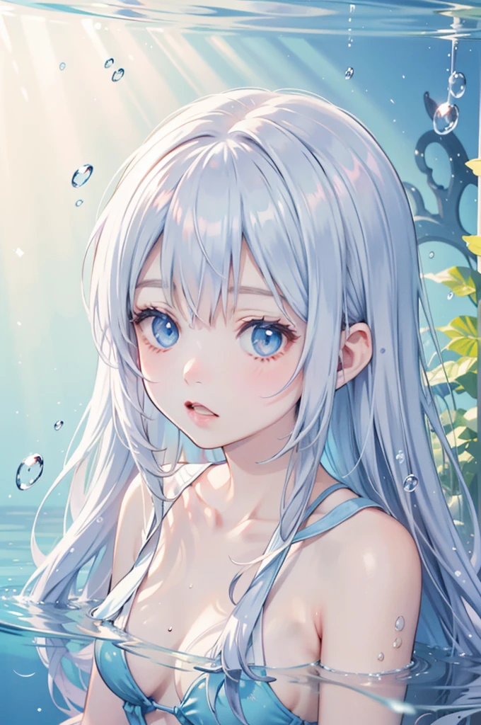 underwater, girl, surprised expression, cat, colorful fish, face close-up, sunlight reflections, water surface, bubbles, serene, peaceful, anime style, vibrant colors, detailed, ethereal, sparkling light, soft shadows, tranquility, dreamy, art illustration