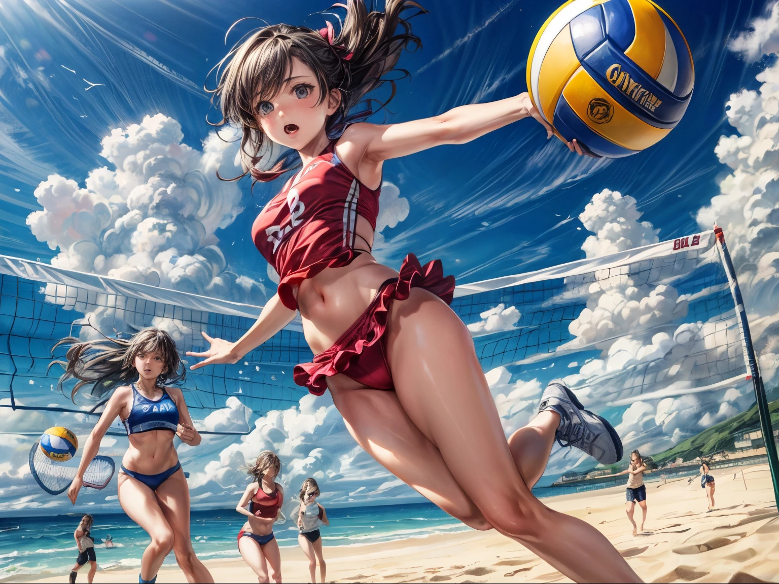 modern style,Realistic,An illustration,Photorealistic,Actual photo,colorful,Beach volleyball tournament,Beautiful woman receiving the ball,Beautiful woman jumping up and tossing,A beautiful woman jumping up and attacking,
Sandy beach venue,Cumulonimbus clouds in the blue sky,Summer beach,
Two people on the other side of the net,
Numbers on swimsuits,Dynamic composition,
Beach volleyball equipment,
Detailed Description,View here,Serious,decision,Strong-willed,
Perfect face and body,Detailed face,Perfect Anatomy,Beautiful Face,
masterpiece,Highest quality,8K,High resolution,Raw photo,Professional,
Award-winning,Browsing Caution,
Cinematic lighting,Natural lighting,
Eye level,Front shot,
Medium Shot,
Physically Based Rendering,
Thin contours,