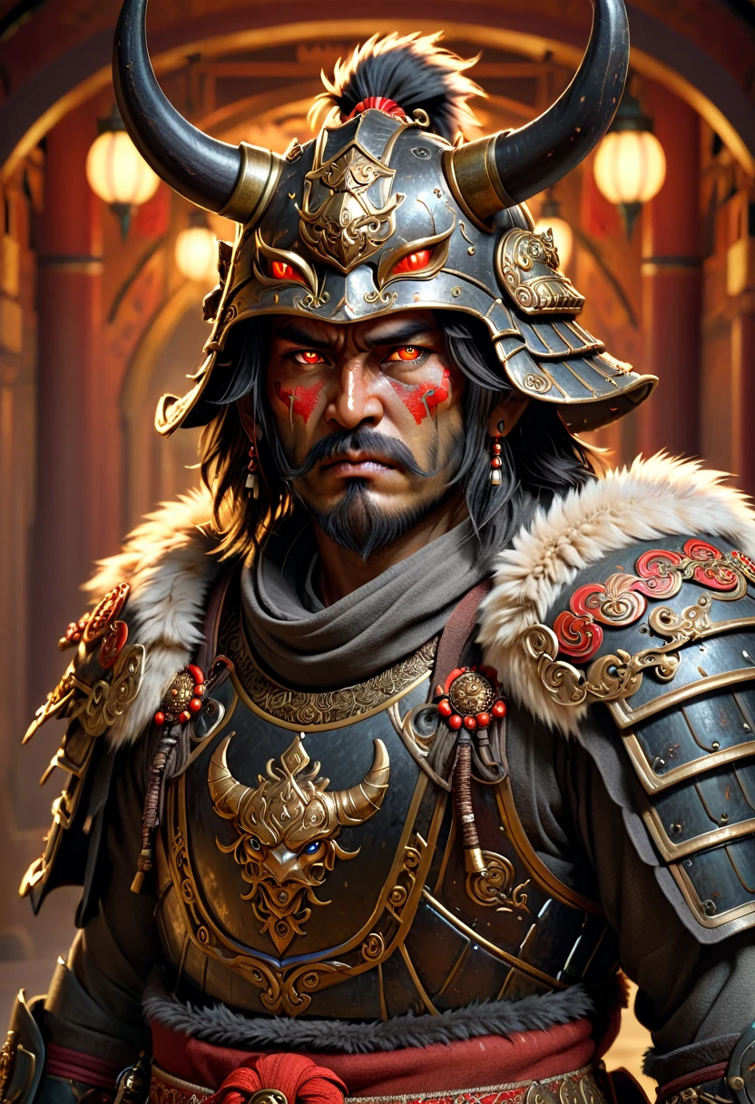 man in samurai armor with fur around the neck and waist, wearing devil helmet, dusty detail ornaments, battle weary, man warrior, armor, epic, face scar, dnd character portrait, intricate, 8k resolution, dynamic lighting, hyperdetailed, unreal 5, volumetric lighting, alphonse mucha, pre-raphaelite, detailed background, mandala, detailed face, detailed eyes, neon eyes  