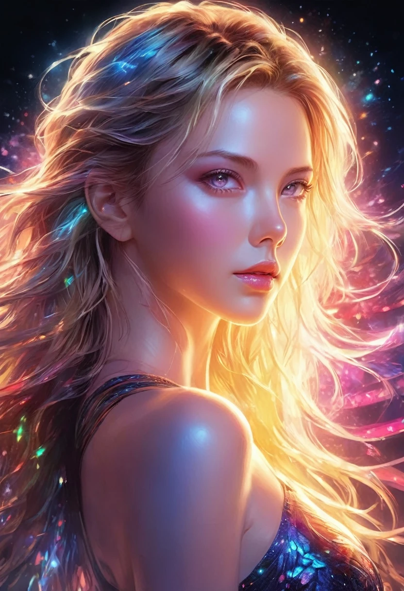 Charlize Theron, ultra detailed illustration of female silhouette, fantasy figure, (((translucent skin:1.5))), (((translucent body:1.5))), (((knee to head shot))), neon lights, light particles, colorful, CMYK colors, backlit,