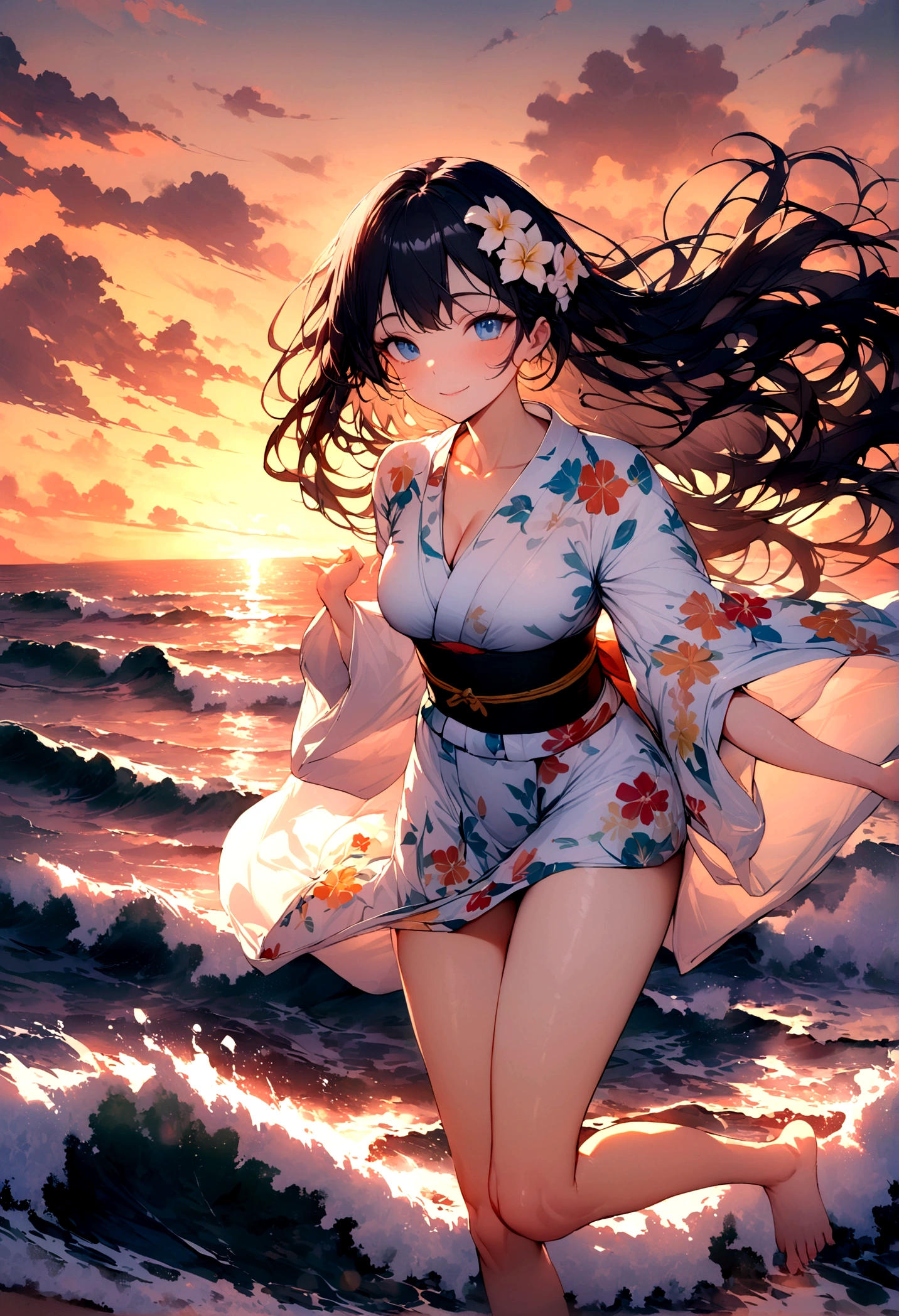 masterpiece, best quality, Summer Kimono,Light-colored kimono，White-headed flower，Flowering, Blue Eyes，Smile, A gentle breeze blows through the hair, Black hair，dusk，Sunset，Beach，The waves passed by my feet，