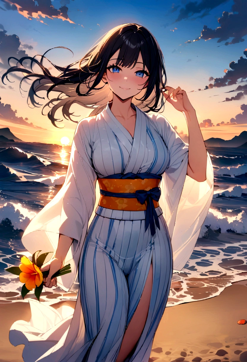 masterpiece, best quality, Summer Kimono,Light-colored kimono，White-headed flower，Flowering, Blue Eyes，Smile, A gentle breeze blows through the hair, Black hair，dusk，Sunset，Beach，The waves passed by my feet，