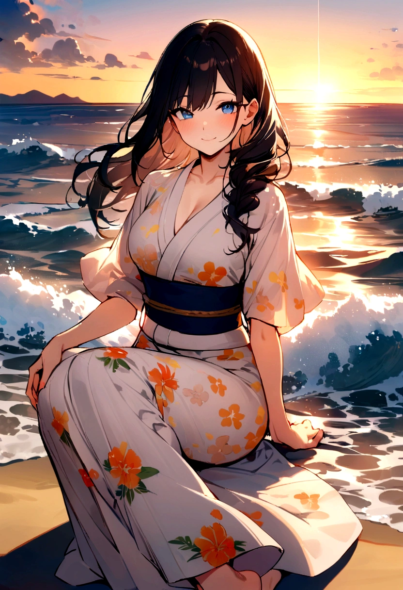 masterpiece, best quality, Summer Kimono,Light-colored kimono,White-headed flower,Flowering, Blue Eyes,Smile, A gentle breeze blows through the hair, Black hair,dusk,Sunset,Beach,The waves passed by my feet,
