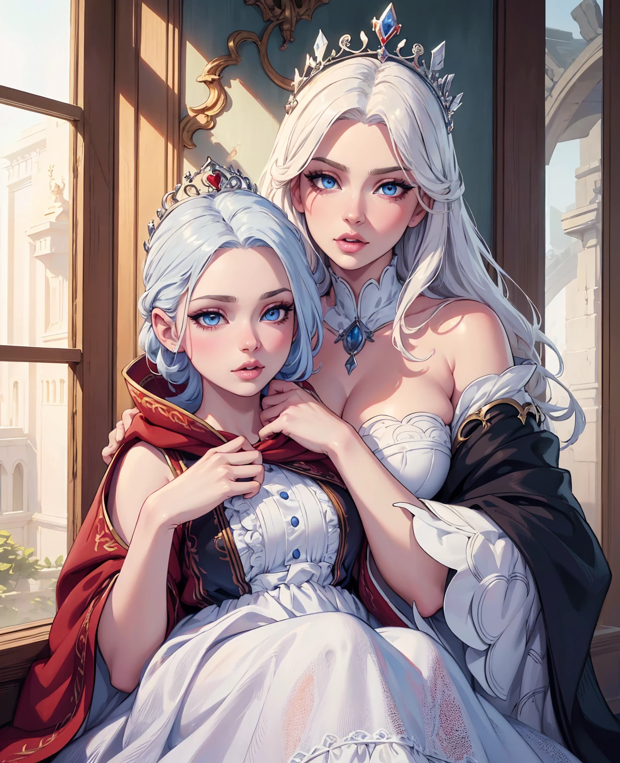 1 year old toddler with snow white hair, deep blue eyes, beautiful detailed eyes,beautiful detailed lips,extremely detailed eyes and face,longeyelashes, angelic face, ethereal, crowned as the king of hearts, wearing a royal red velvet cloak, (best quality,4k,8k,highres,masterpiece:1.2),ultra-detailed,(realistic,photorealistic,photo-realistic:1.37),digital painting, intricate details, soft lighting, warm color tones, dramatic lighting