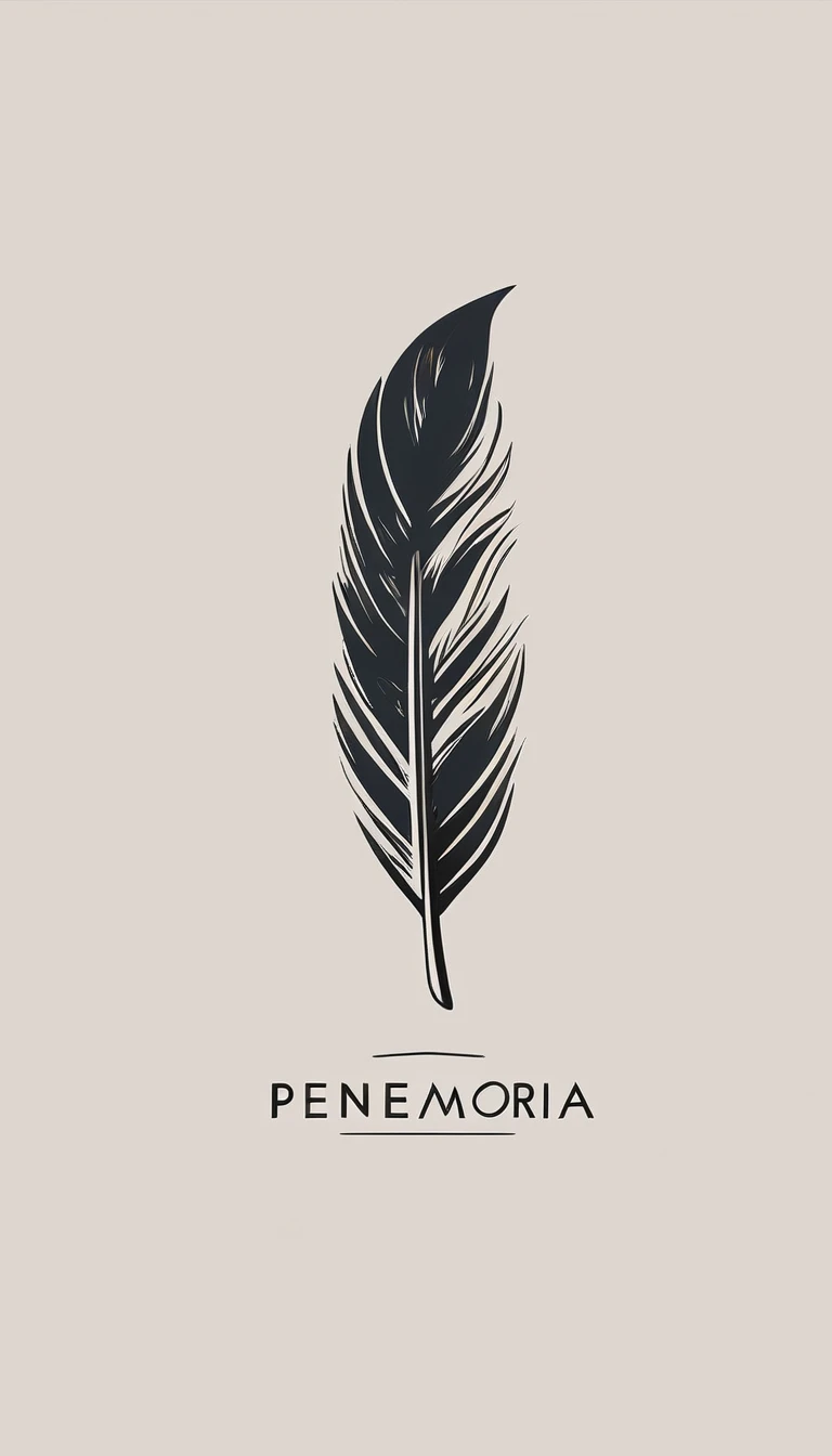 A minimal, modern, simple, cinematic logo design for the brand “Penamemoria". Create a modern, minimalistic, high-quality, logo of a simple, fantastic, hipnotic, dreamy, artistic feather that symbolizes dreams, stories and memories