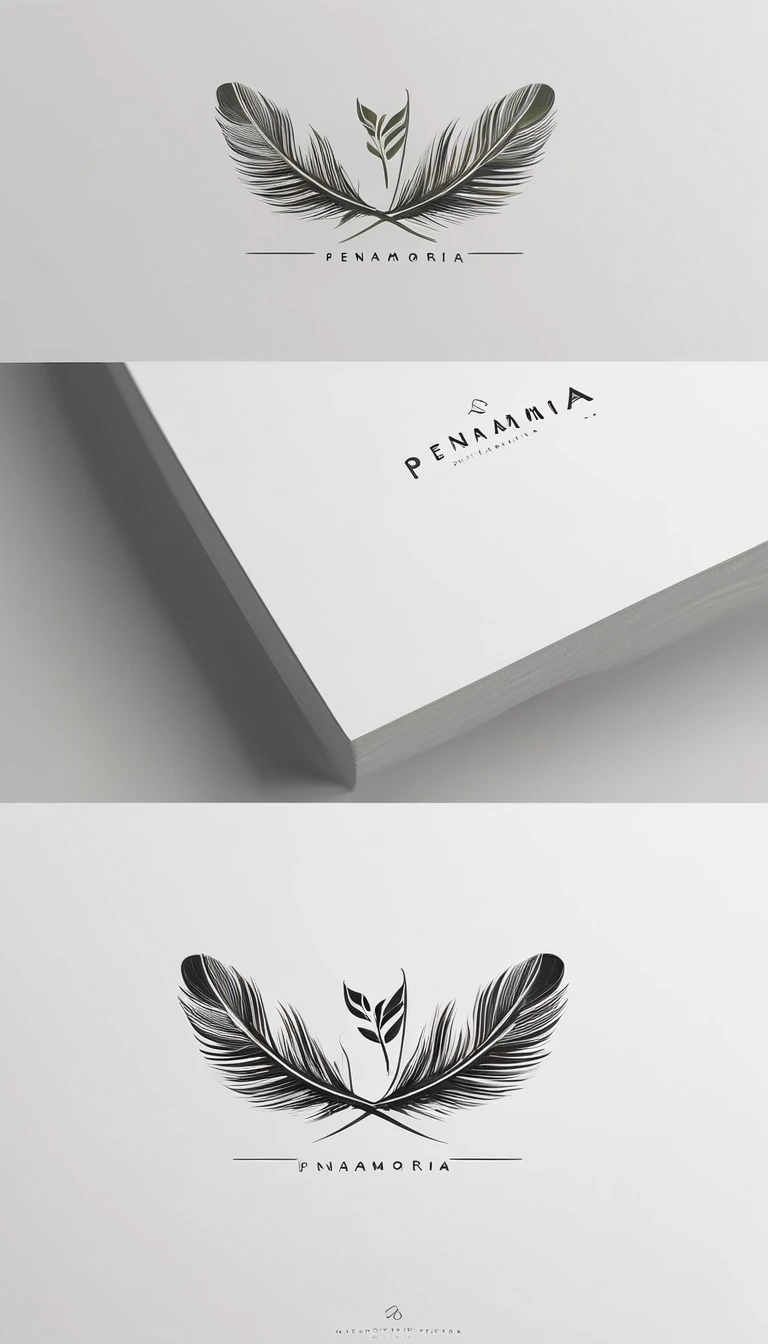 A minimal, modern, simple, cinematic logo design for the brand “Penamemoria". Create a modern, minimalistic, high-quality, logo of a simple, fantastic, hipnotic, dreamy, artistic feather that symbolizes dreams, stories and memories