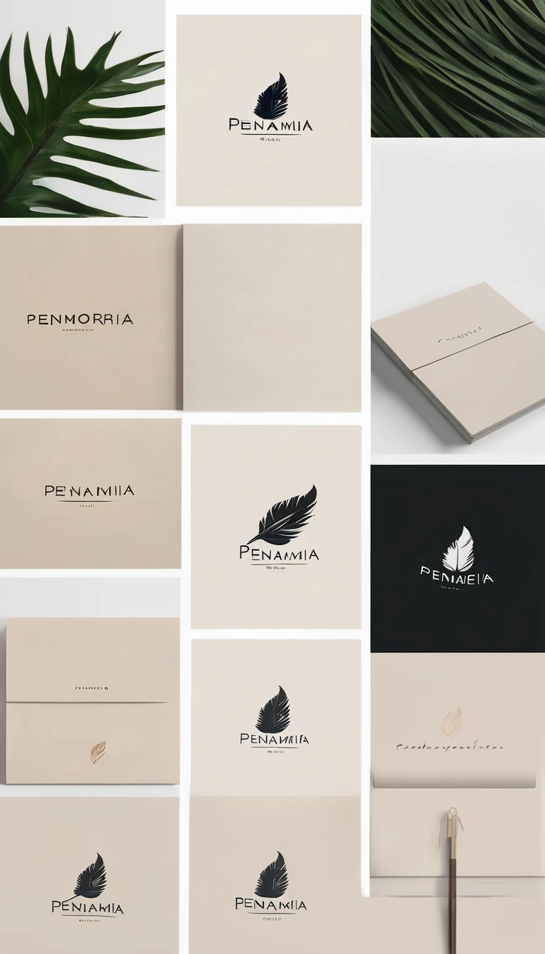 A minimal, modern, simple, cinematic logo design for the brand “Penamemoria". Create a modern, minimalistic, high-quality, logo of a simple, fantastic, hipnotic, dreamy, artistic feather that symbolizes dreams, stories and memories
