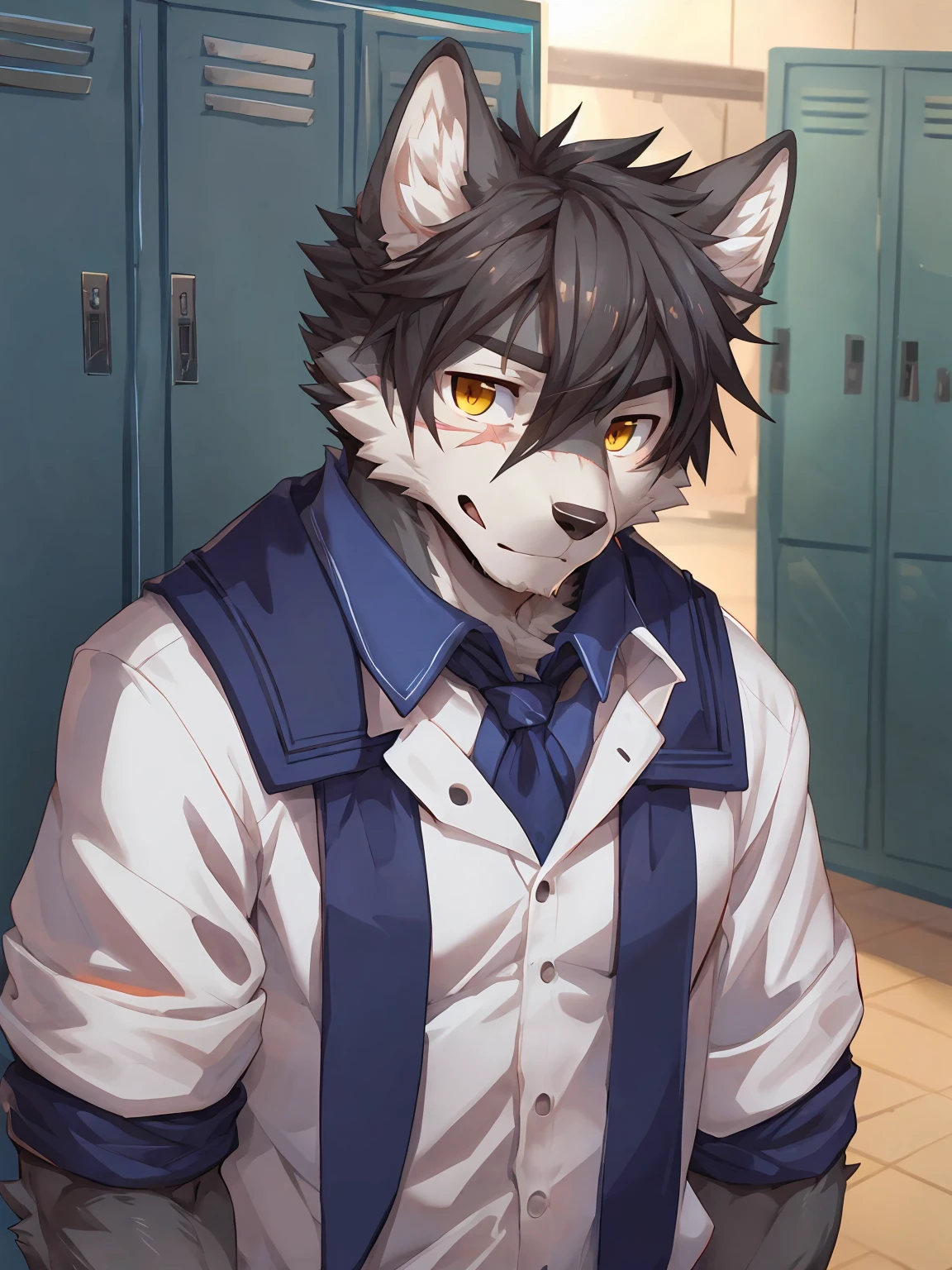 embedding:Gray wolf,Golden Eyes,Single Person,a scar on the face.Gray fur,High school students,male school uniform,Scratch head,Standing by the school locker,Nervous,Male.Thin,Handsome,Smart,Nervous,Best quality hands, best quality eye,detailed fur,Delicate eyes.Extreme picture quality,by sollyz,by zixiong,by null_ghost