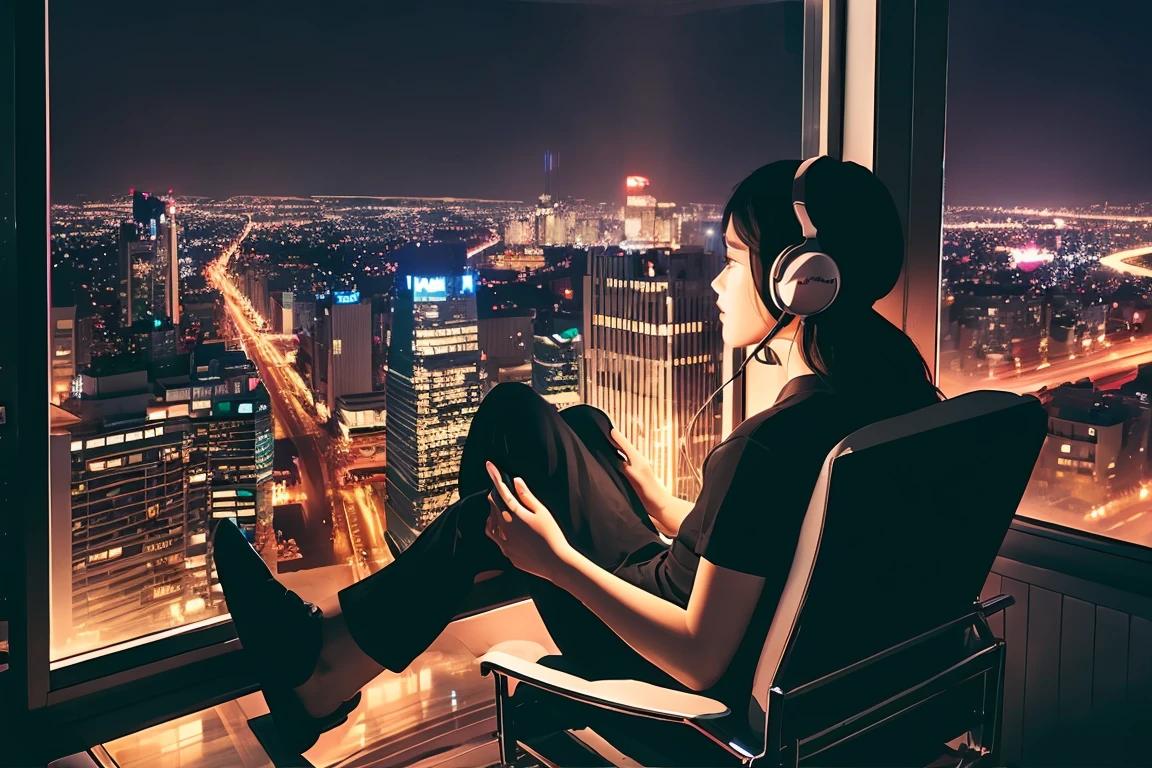 (Super detailed), (Best illustrations), (Best Shadow), (Absurd), woman, Age 25, Sitting in a chair with headphones on、city view outside the window、evening、Night view,