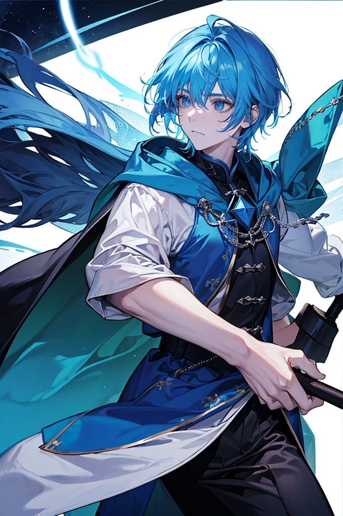 Sorcerer Divine Soul man, he has a light hair and blue eyes, he wear a hood.