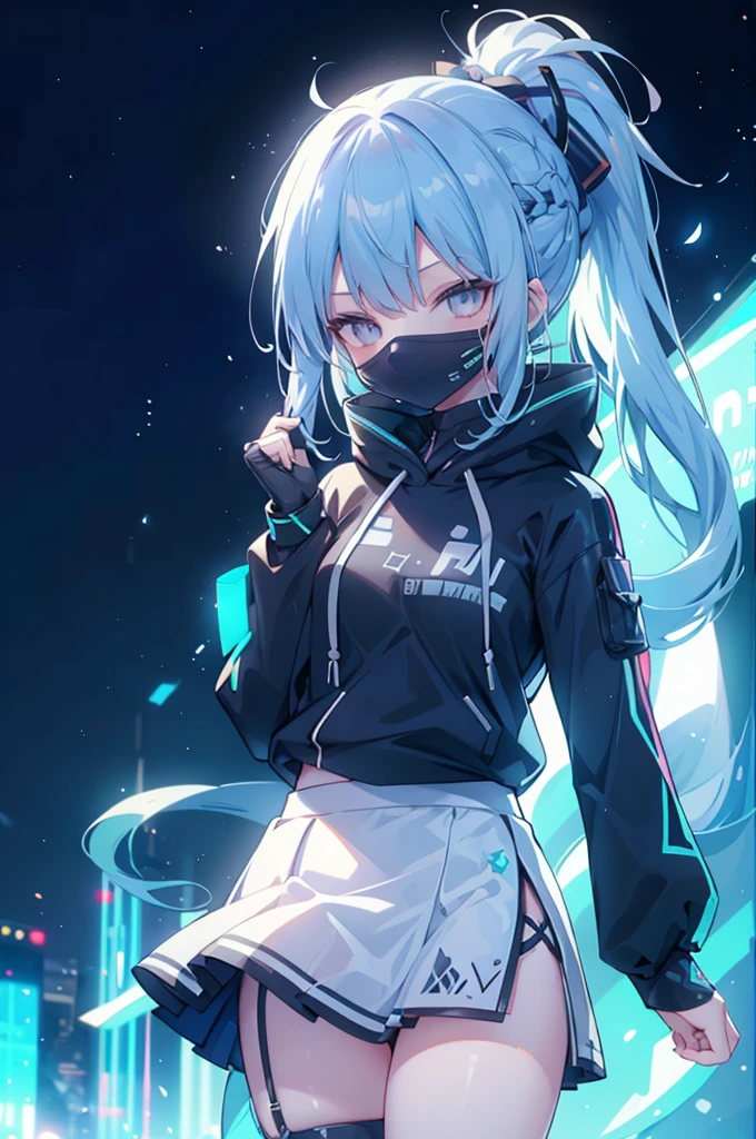 upper body, 1girl, wallpaper, light particles, city, night, background, look at viewer, (ninja), light blue hair, long hair, ponytail, white eyes, cybermask2023, skirt and hoodie