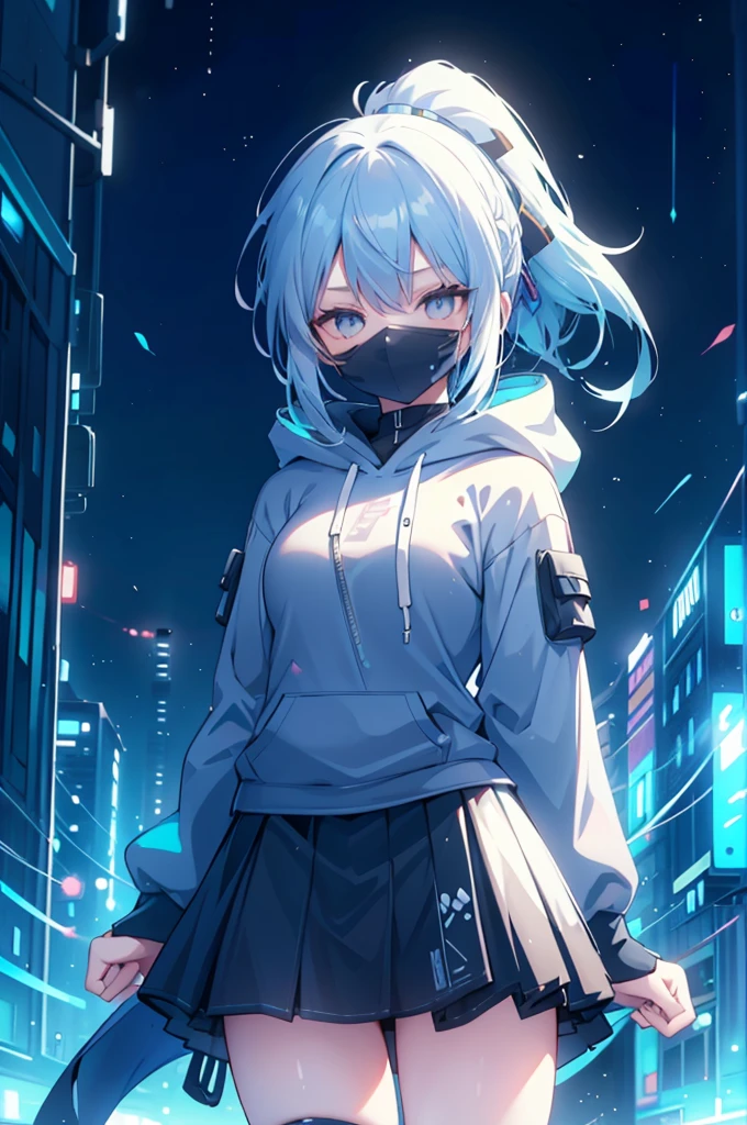 upper body, 1girl, wallpaper, light particles, city, night, background, look at viewer, (ninja), light blue hair, long hair, ponytail, white eyes, cybermask2023, skirt and hoodie