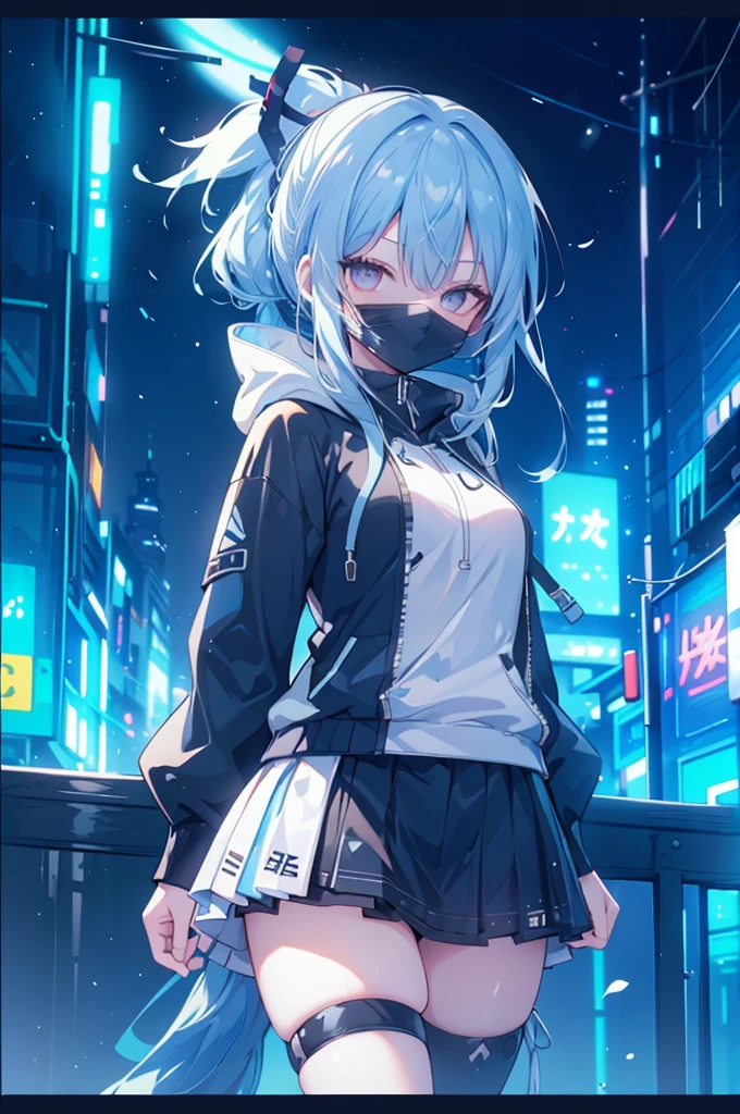 upper body, 1girl, wallpaper, light particles, city, night, background, look at viewer, (ninja), light blue hair, long hair, ponytail, white eyes, cybermask2023, skirt and hoodie