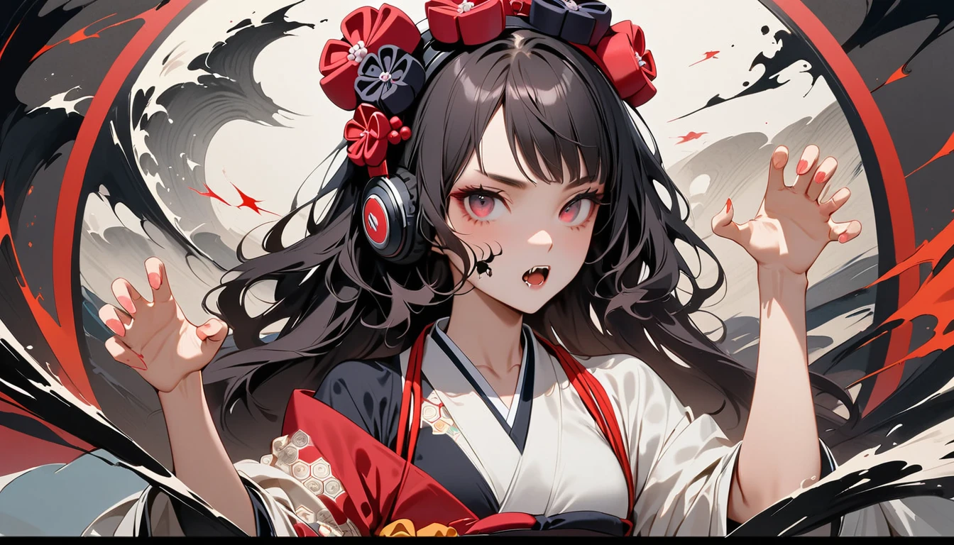 (((Light colored sunglasses))), (((Horror elements))), (((TATOO on the face))), (((claw pose))), (((Highest quality))), (((Katsushika Hokusai))), (((Ink Painting))), ((very straight longhair)), ((1 girl)), ((Eyes glow red)), ((A beautiful girl possessed by a demon and showing her fangs)), (((Japanese style headphones))), Black Hair, Delicate and precise, Modern ukiyo-e style, head shot