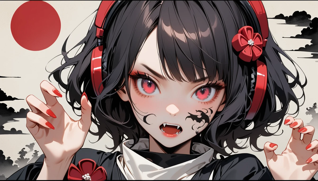 (((Ink Painting))), Fashion portrait color photos, (((1 girl))), (((Tattoo on face))), (((Small devil))), Japanese style headphones, face close-up, Japanese beautiful girl, Black Hair