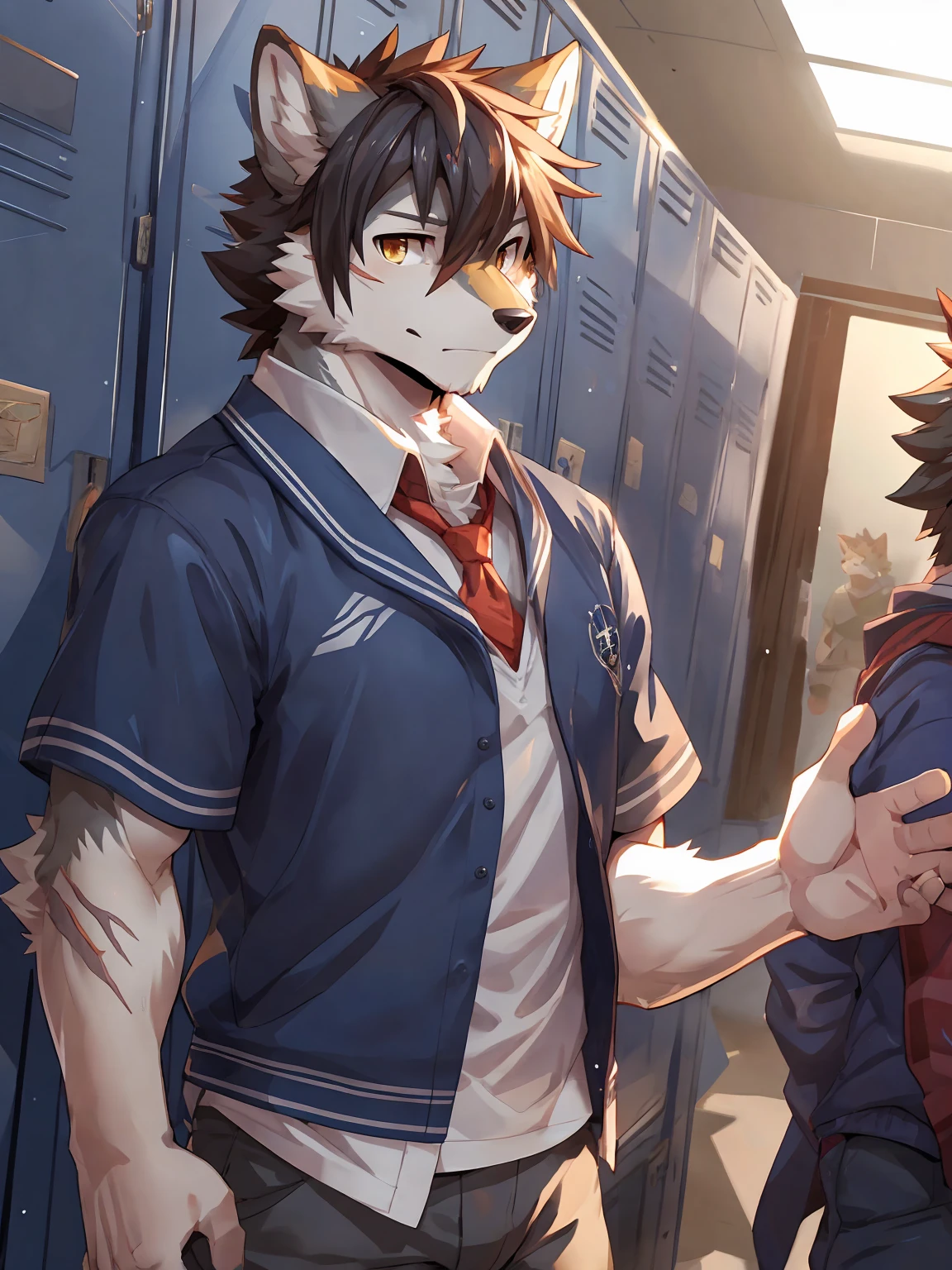 embedding:Gray wolf,Golden Eyes，Single Person,a scar on the face.Gray fur，High school students,male school uniform,Scratch head,Standing by the school locker,Nervous,Male.Thin,Handsome,Smart,Nervous,Best quality hands, best quality eye，detailed fur，Delicate eyes.Extreme picture quality，by sollyz,by zixiong,by null_ghost