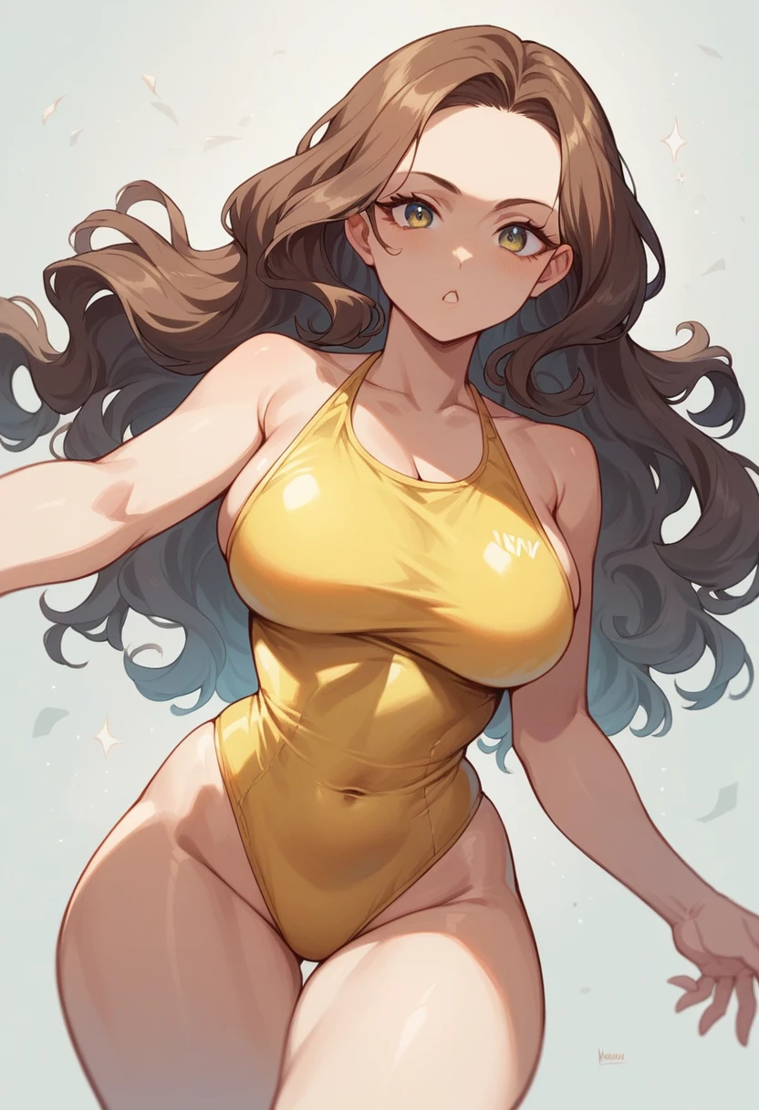 1girl,nsfw, glamorous, voluptuous,dynamic angle,forehead, shoulder-length wavy brown hair ,yellow swimsuit, dynamic pose