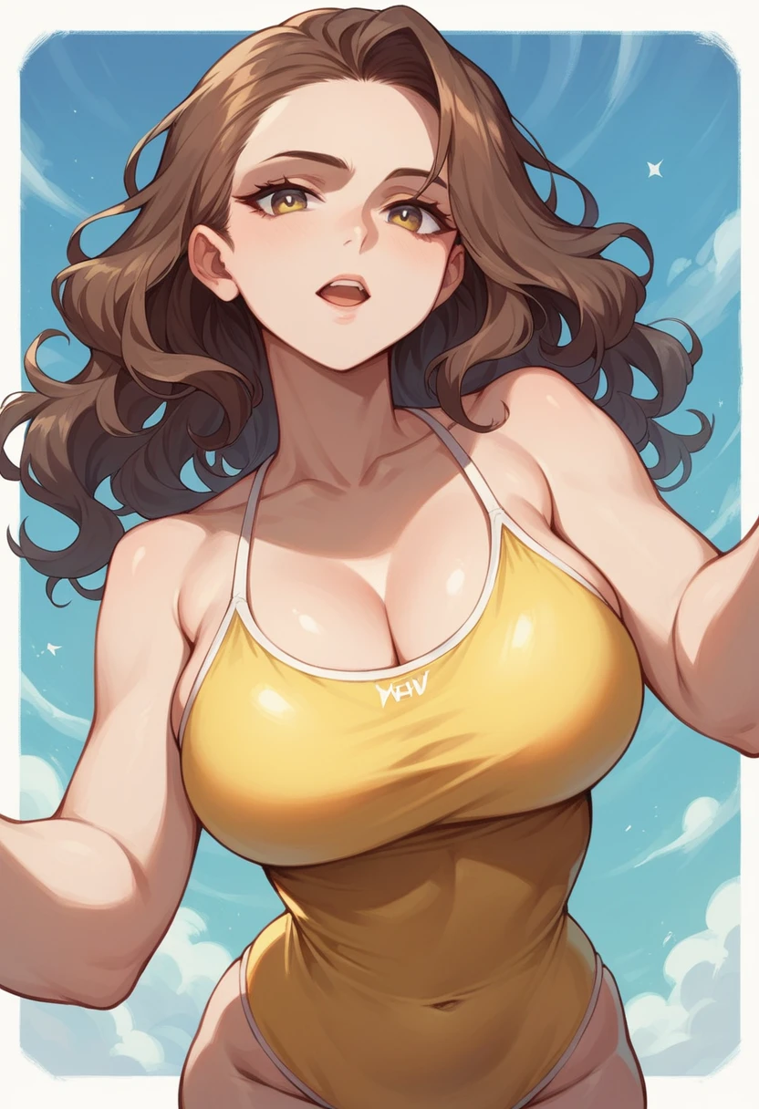 1girl,nsfw, glamorous, voluptuous,dynamic angle,forehead, shoulder-length wavy brown hair ,yellow swimsuit, dynamic pose