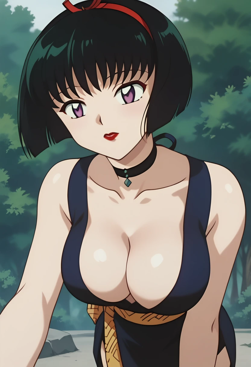 score_9, score_8_up, score_7_up, source_anime, best quality, masterpiece, rating_explicit, uncensored, anime screencap, megami magazine, game cg, BREAK, SAKASAGAMINOYURA, 1GIRL, large breasts, cleavage, BLACK HAIR, HAIR BAND, BOB_CUT, PURPLE EYES, CHOKER, SLEEVELESS, SHORT KIMONO, red lip, outdoors, leaning forward