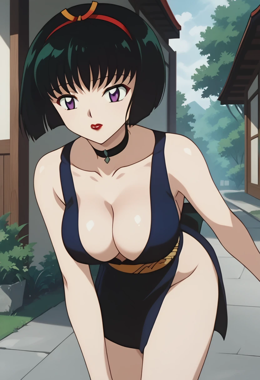 score_9, score_8_up, score_7_up, source_anime, best quality, masterpiece, rating_explicit, uncensored, anime screencap, megami magazine, game cg, BREAK, SAKASAGAMINOYURA, 1GIRL, large breasts, cleavage, BLACK HAIR, HAIR BAND, BOB_CUT, PURPLE EYES, CHOKER, SLEEVELESS, SHORT KIMONO, red lip, outdoors, leaning forward