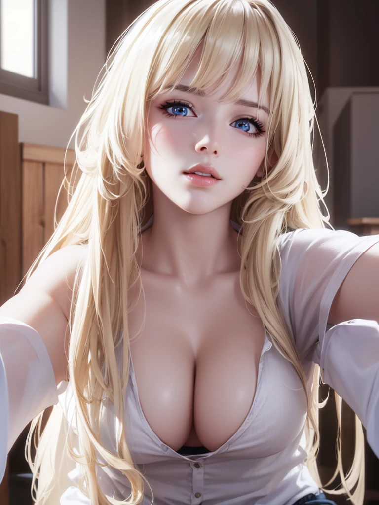 a beautiful detailed portrait of a female with blond long hair, perfect body, big breasts, cleavage, , extremely detailed high quality realistic face, eyes, nose, lips, skin, hair, detailed hands and fingers, dramatic background, (best quality,8k,highres,masterpiece:1.2),ultra-detailed,(realistic,photorealistic,photo-realistic:1.37),studio lighting,physically-based rendering,vivid colors, sitting in a table, classroom background