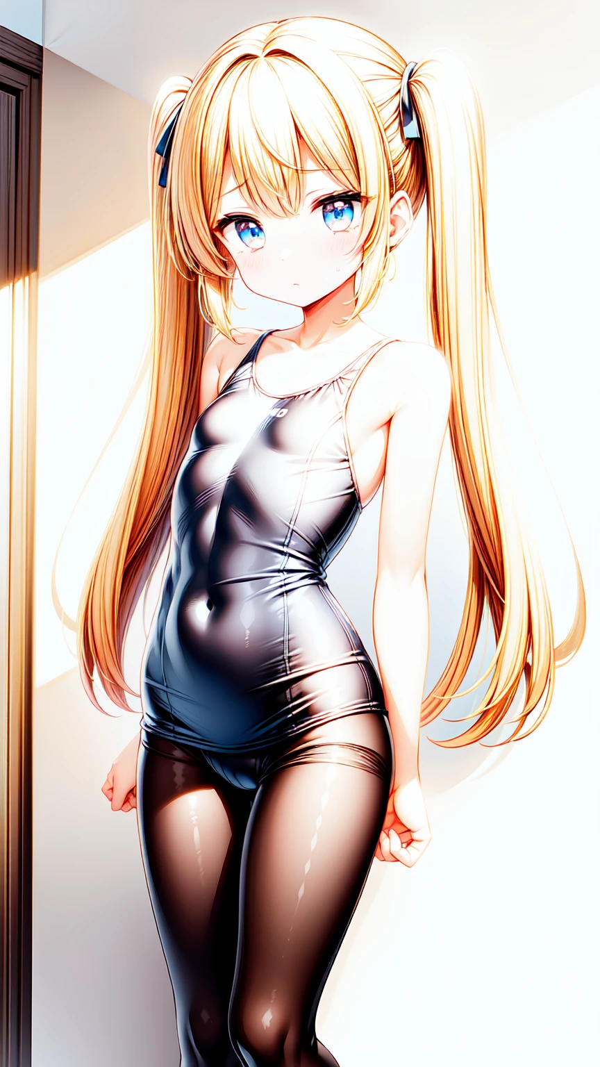 One girl、solo、masterpiece、highest quality、Blonde、blue eyes、Wavy Hair、Twin tails、Slanted Eyes、Troubled face、Embarrassing、blush、Watery eye、Small breasts、Flat Chest、One piece swimsuit 超High leg、High leg、超High leg、High Cut、tights black、Staring into the pantyhose camera、Calm bedroom、indirect lighting、standing、Big Ass