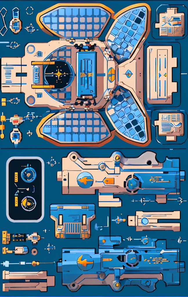 Mecha parts, highly detailed panel cuts, Spacesuit cartoon,Space car cartoon, 融合Mecha parts, highly detailed panel cuts,Plan of a small space station with computers, parts and components, 融合Mecha parts, simple Bionic explosion diagram, Very detailed schematic, Highly detailed toys, cyborg parts and components, Mecha details, Clean lines and flat colors, Mecha parts, Mechanical body, Bionic explosion diagram, Realistic shadow parts, Mechanical parts details