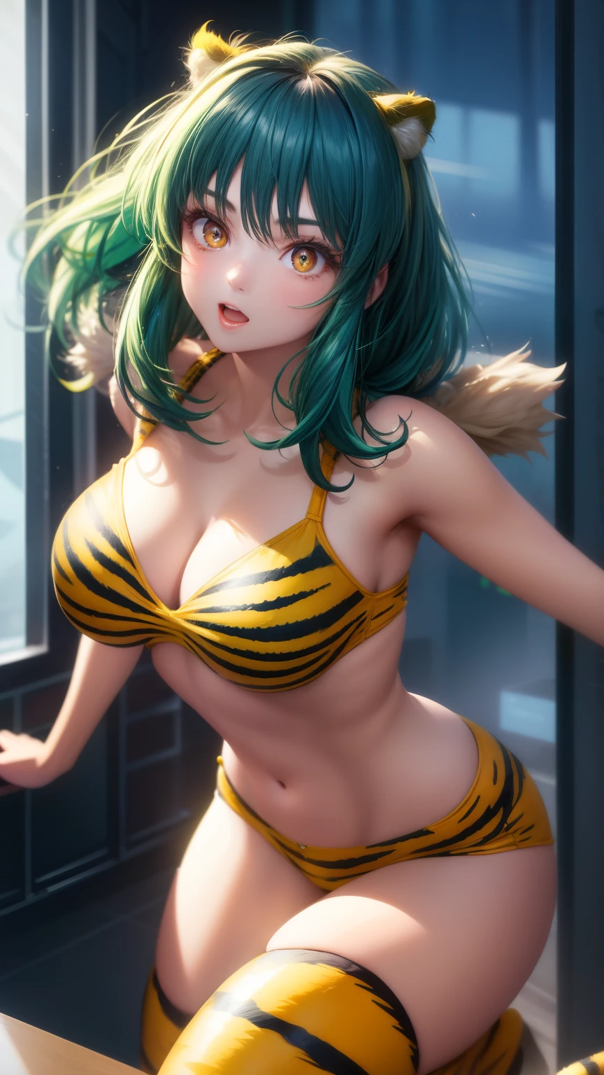 Ram Invaders, detailed, reality, (Tiger Stripes: 1.2), (cat lingerie:.8), Green Hair、Yellow clothes, Fur Bikini, masterpiece, Highest quality, employment, Open your mouth, tooth, ultra-detailed, Variegated eyes, Beautiful Eyes, detailed face, beautiful girl, Large Breasts, Blushing、Jumping