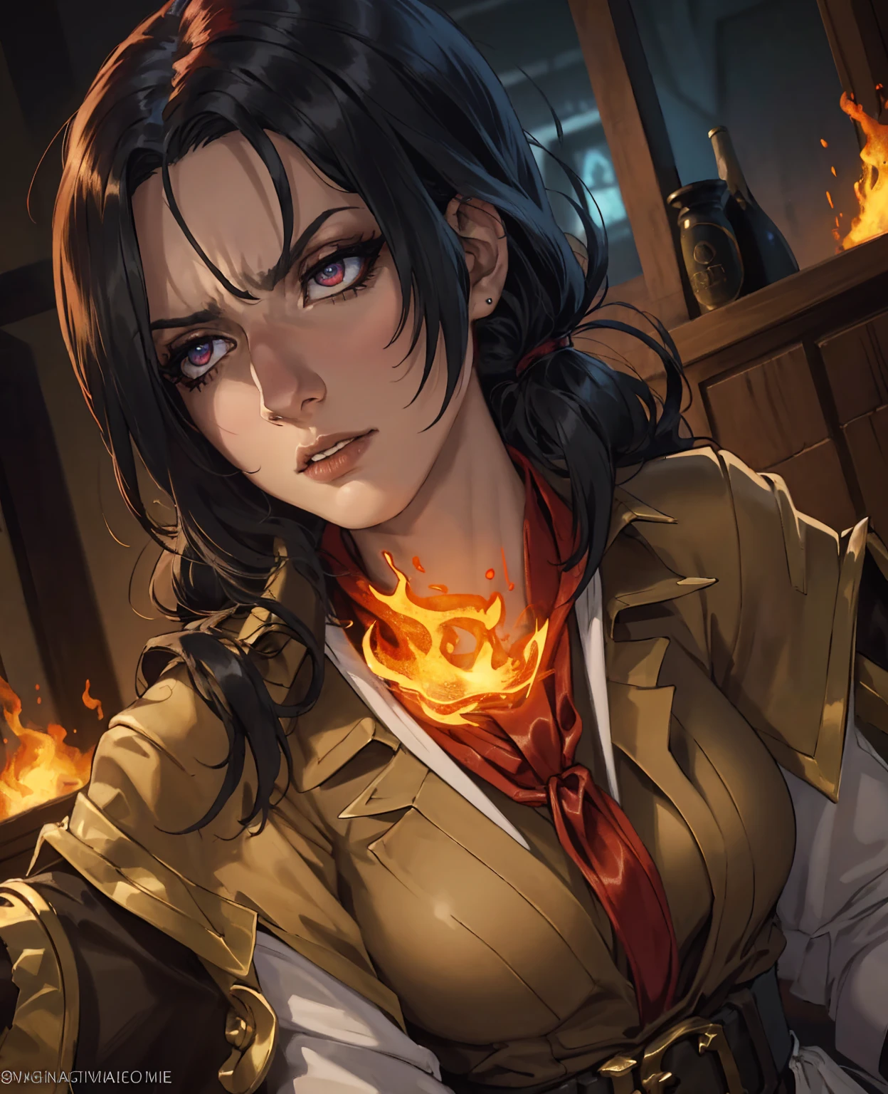 a dramatic fantasy portrait of a powerful fire mage, highly detailed face and eyes, evocative dramatic lighting, cinematic composition, volumetric smoke, flickering flames, dark brooding atmosphere, dramatic chiaroscuro, deep rich colors, intricate magical runes, leather and cloth textures, (best quality,4k,8k,highres,masterpiece:1.2),ultra-detailed,(realistic,photorealistic,photo-realistic:1.37)