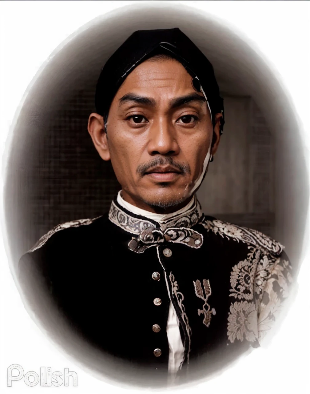 Indonesian Muslim man, aged 45 years or above, naturally wrinkled brown skin, wearing a high black head covering with detailed patterns and Kanigaran style clothes with the nuances of a great king, clear round glaring eyes, long eyebrows, small sharp nose, slightly thick lips, closed mouth, mustache Thick black, realistic HD quality images.