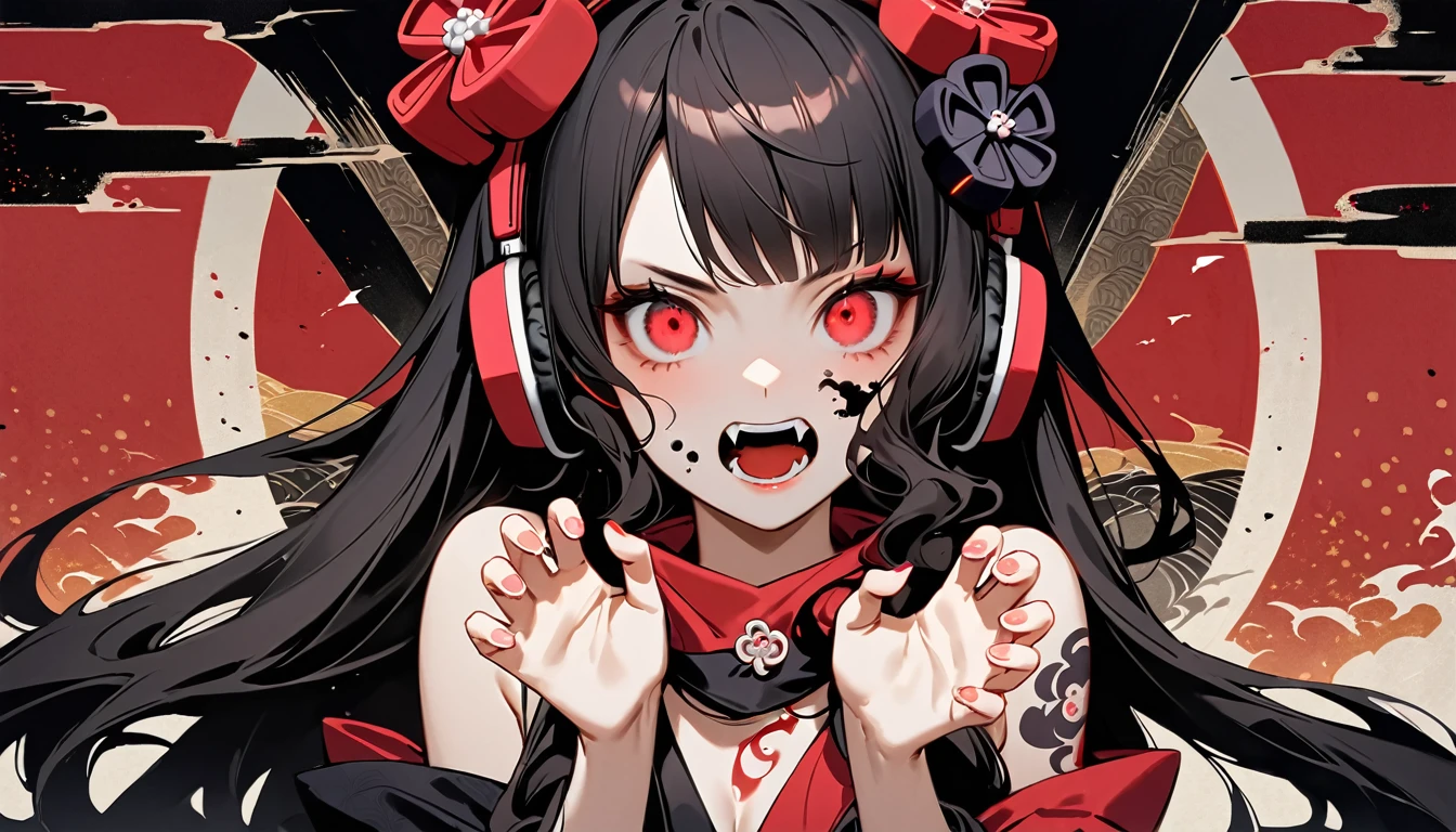 (((Light colored sunglasses))), (((Horror elements))), (((TATOO on the face))), (((claw pose))), (((Highest quality))), (((Katsushika Hokusai))), (((Ink Painting))), ((very straight longhair)), ((1 girl)), ((Eyes glow red)), ((A beautiful girl possessed by a demon and showing her fangs)), (((Japanese style headphones))), Black Hair, Delicate and precise, Modern ukiyo-e style, head shot