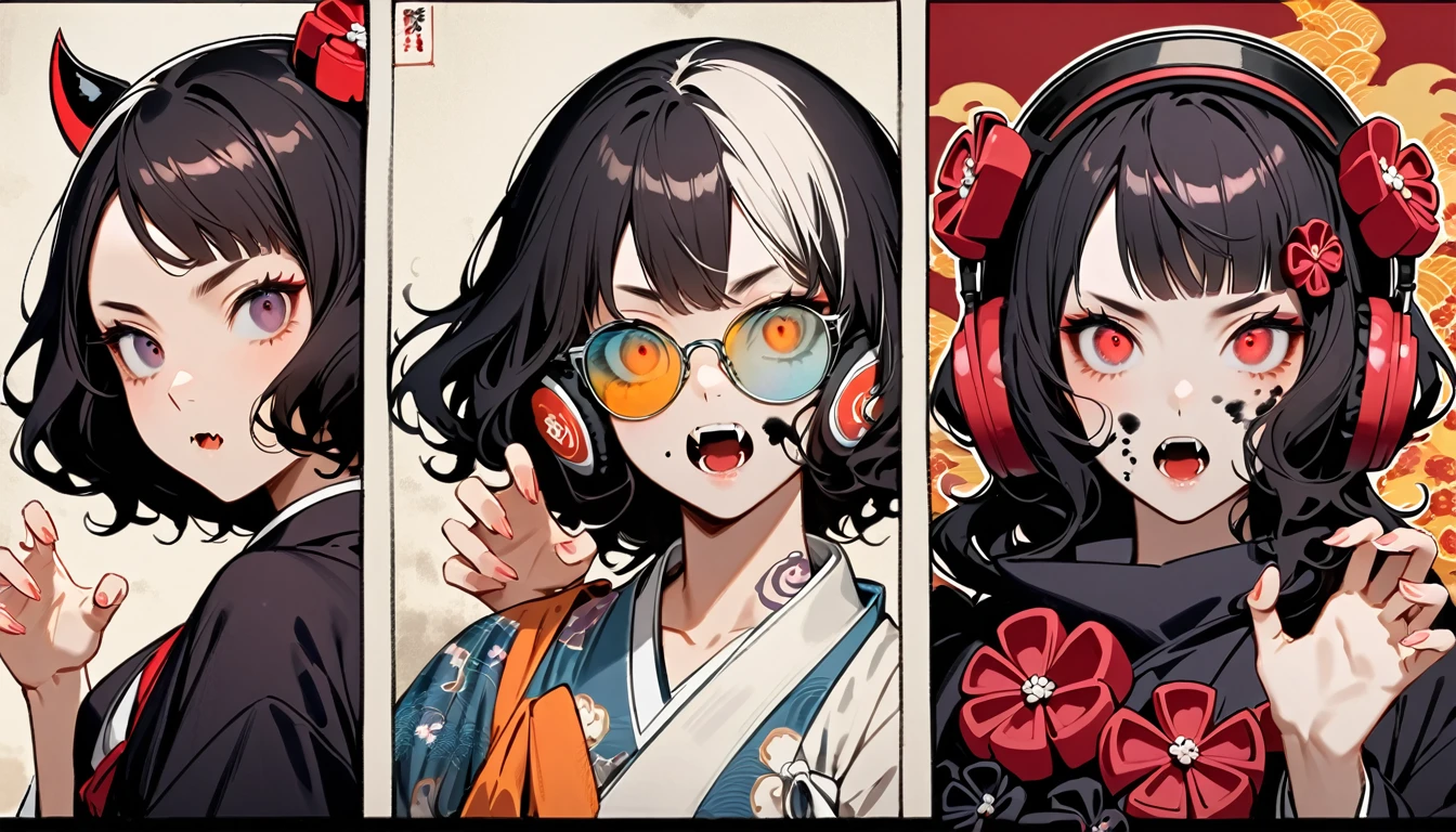 (((Light colored sunglasses))), (((Horror elements))), (((TATOO on the face))), (((claw pose))), (((Highest quality))), (((Katsushika Hokusai))), (((Ink Painting))), ((very straight longhair)), ((1 girl)), ((Eyes glow red)), ((A beautiful girl possessed by a demon and showing her fangs)), (((Japanese style headphones))), Black Hair, Delicate and precise, Modern ukiyo-e style, head shot