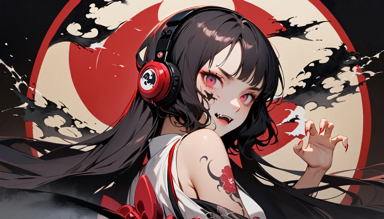 (((Light colored sunglasses))), (((Horror elements))), (((TATOO on the face))), (((claw pose))), (((Highest quality))), (((Katsushika Hokusai))), (((Ink Painting))), ((very straight longhair)), ((1 girl)), ((Eyes glow red)), ((A beautiful girl possessed by a demon and showing her fangs)), (((Japanese style headphones))), Black Hair, Delicate and precise, Modern ukiyo-e style, head shot