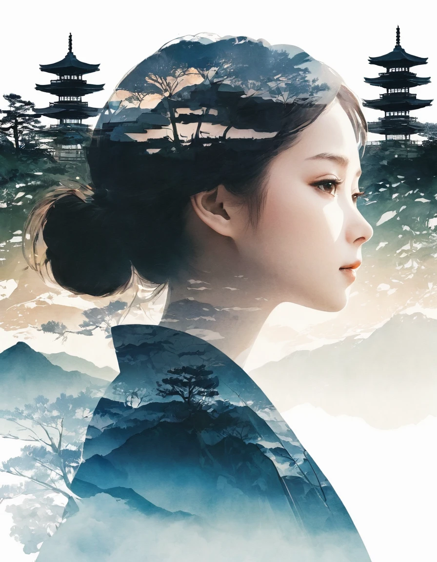 Silhouette of a girl, Lots of Japanese scenery , Modern Japanese Landscape, close, Double Exposure, White Background