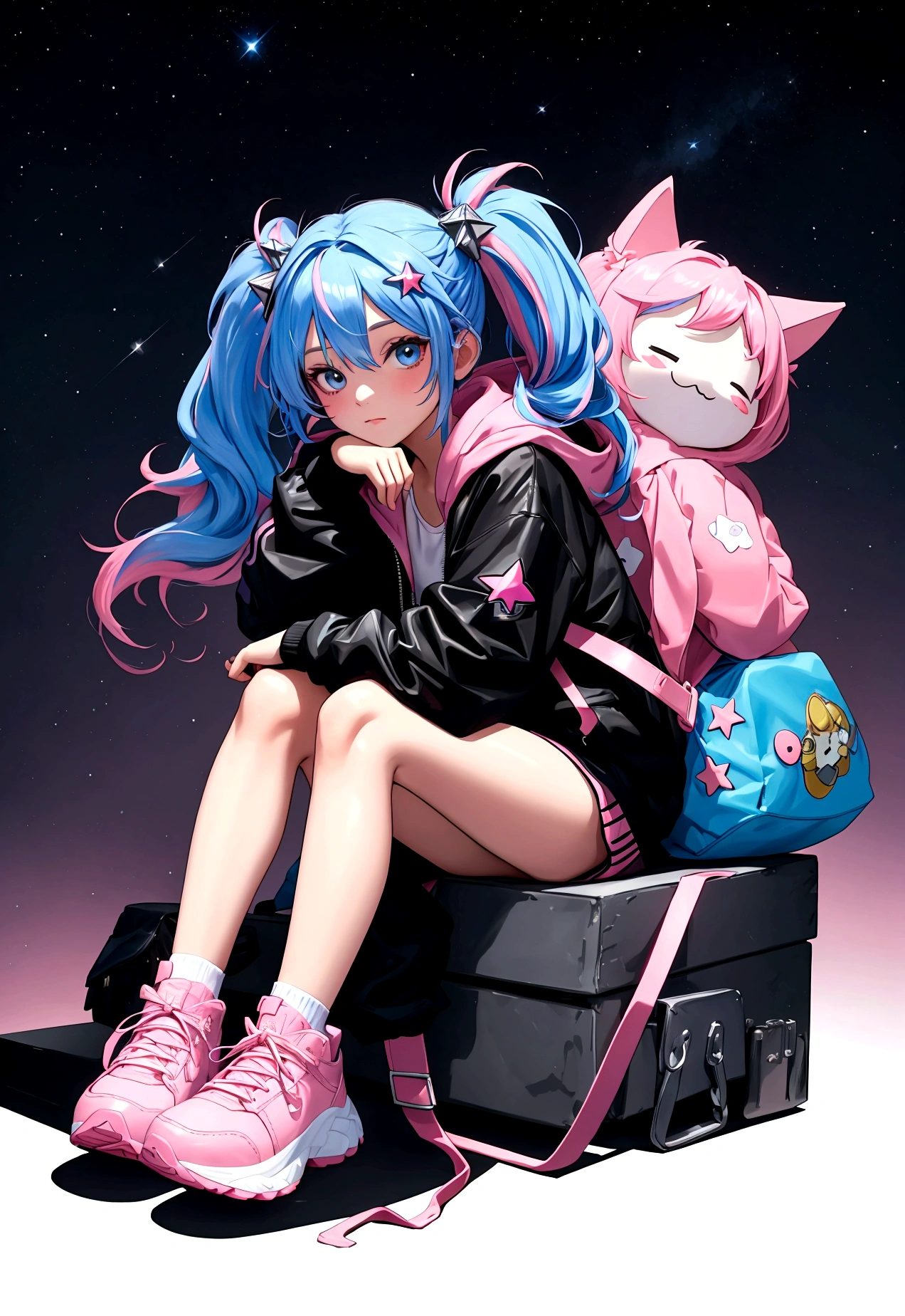 masterpiece,best quality,8k,cinematic light,ultra high res,chibi,1girl,bag,backpack,solo,multicolored hair,shorts,star \,(symbol\),blue hair,hood,sitting,pink hair,star hair ornament,head rest,socks,pink footwear,black shorts,hair ornament,full body,boots,bandaid,gradient,twintails,jacket,