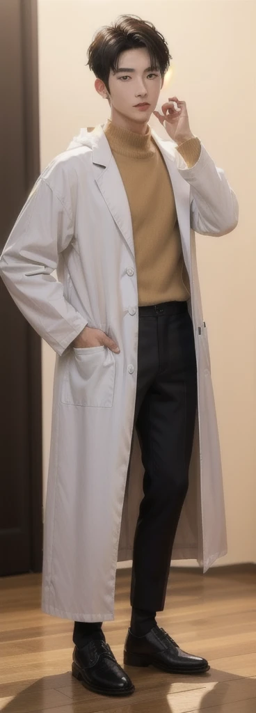 (Fair skin),(know),Iris,(gender: Natural Face),(Japanese),(leather shoes),long body,handsome young asian man, Japanese idol style, short clean-cut hair, ((center part)), white lab coat, black hoodie underneath, calm confident expression, hands in lab coat pockets, plain white background, portrait, high quality, detailed, 8K