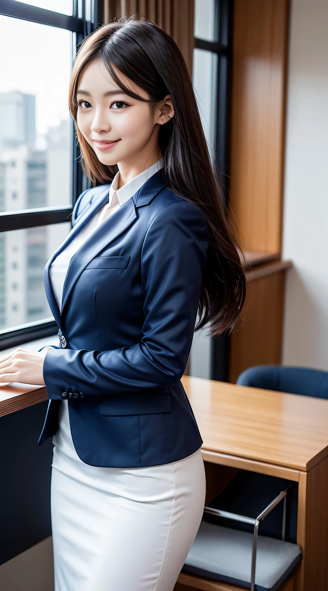 The face of a hostess、Dress code: high quality navy blue business suit、Surreal、healthy、Smiling face、Slim and perfect figure、Japanese Beauty、Beautiful Eyes、Perfect Face、Beautiful Skin、From the side、Background is an office on a high floor、By the window