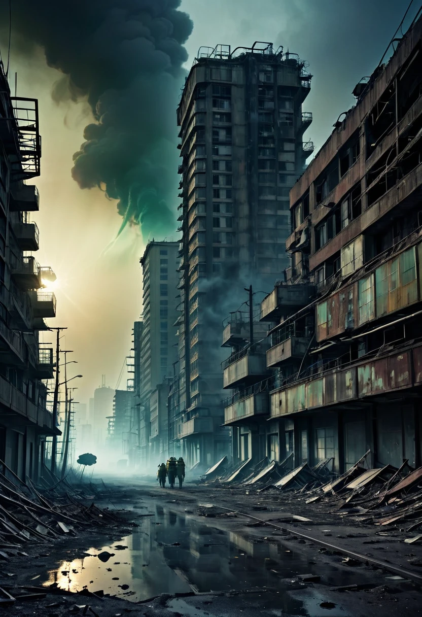 apocalyptic world, science fiction movie style photography, devastated, toxic air, evening