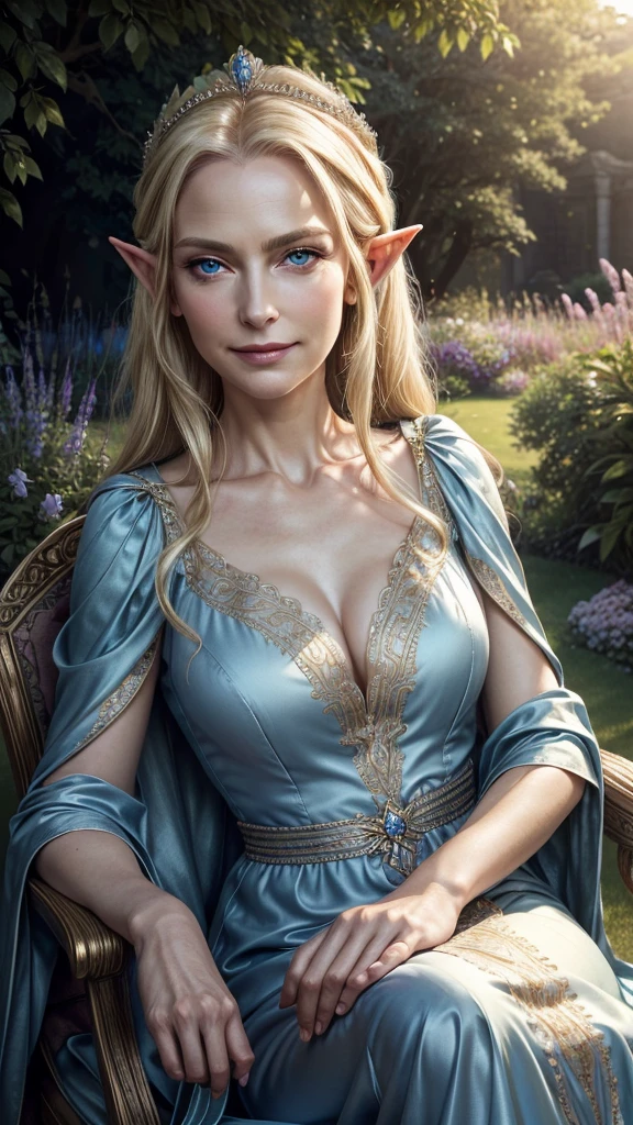 RAW shooting, Photoreal, highest quality, masterpiece, beautiful older woman, elegant elf queen, mature face, blonde, blue eyes, evil smile, smug, wearing a beautiful silky royal dress, sitting outside in a garden with natural light