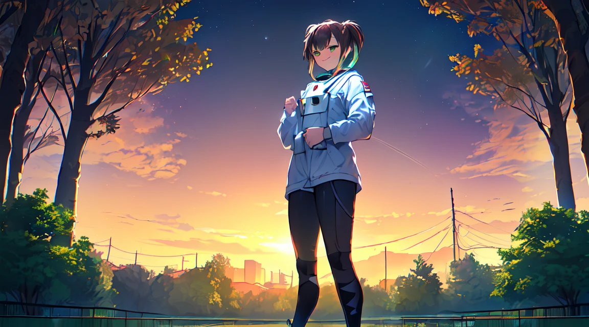 masterpiece, 1girl ((20year old, space suit, black tight jogging leggings, astronaut girl, sneakers, medium breasts, multicolor brown hair, twin ponytails, perfect model body, green eyes:1.5, flirting, happy, big smile, wearing headphones, standing in a park, trees and sunset in the background, relaxing atmosphere:1.2)) ((solo:1.6)) ((LoFi))