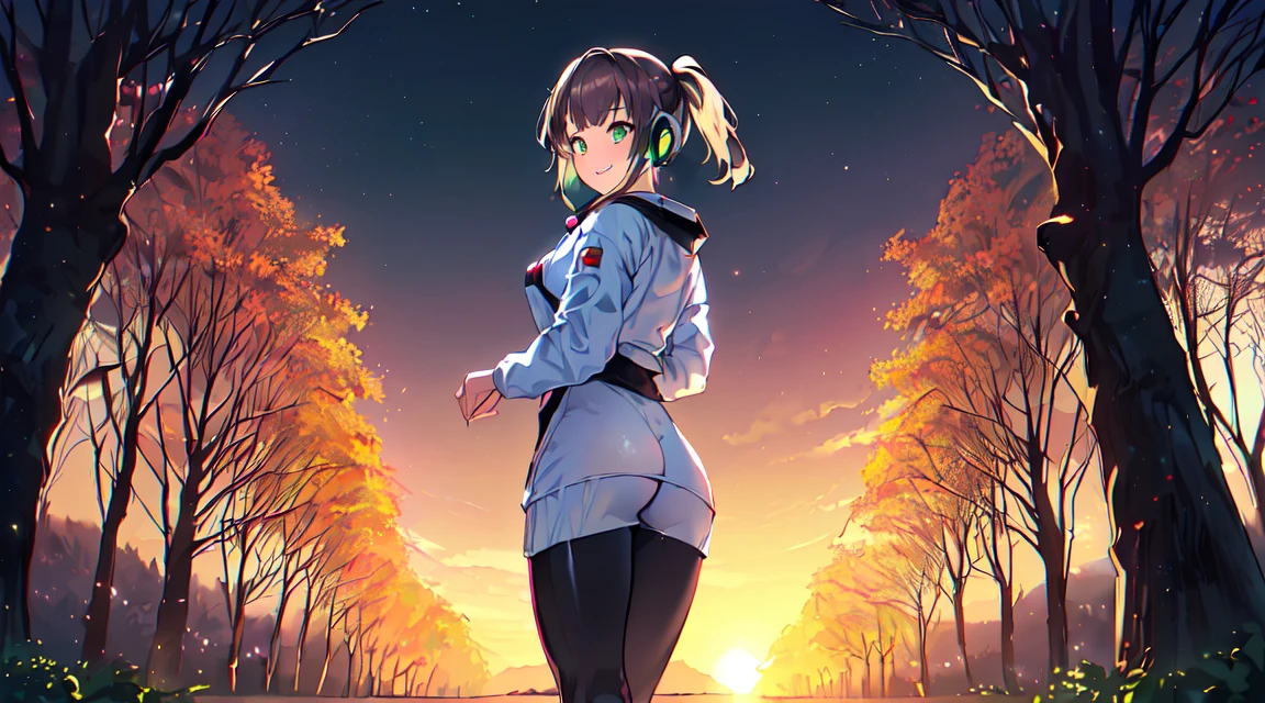 masterpiece, 1girl ((20year old, space suit, black tight jogging leggings, astronaut girl, sneakers, medium breasts, multicolor brown hair, twin ponytails, perfect model body, green eyes:1.5, flirting, happy, big smile, wearing headphones, standing in a park, trees and sunset in the background, relaxing atmosphere:1.2)) ((solo:1.6)) ((LoFi))