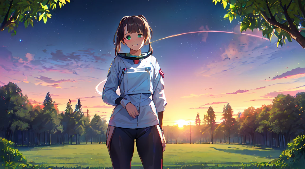 masterpiece, 1girl ((20year old, space suit, black tight jogging leggings, astronaut girl, sneakers, medium breasts, multicolor brown hair, twin ponytails, perfect model body, green eyes:1.5, flirting, happy, big smile, wearing headphones, standing in a park, trees and sunset in the background, relaxing atmosphere:1.2)) ((solo:1.6)) ((LoFi))