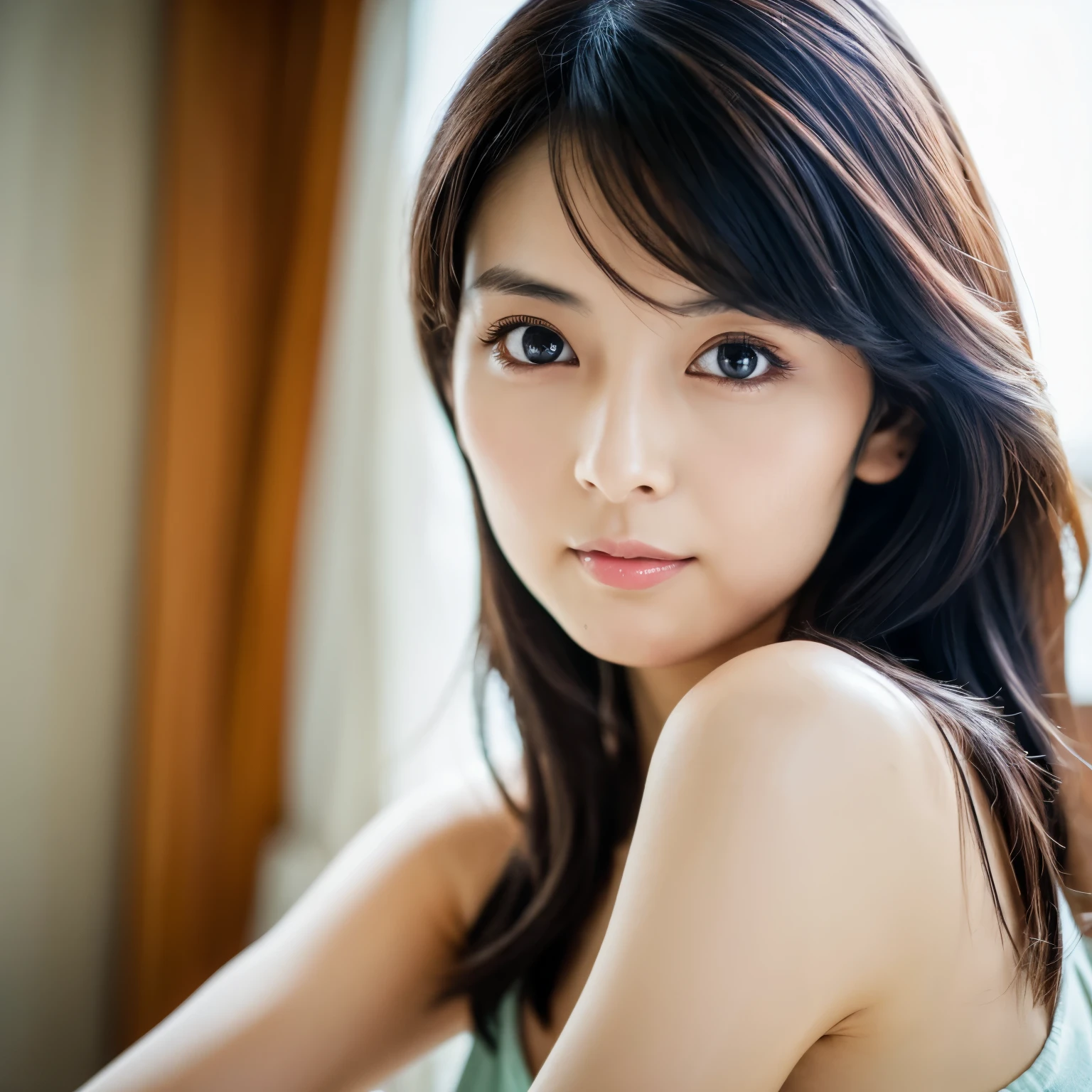 (((One girl,alone))),(Highly realistic photos, High resolution, Detailed face, Beautiful Eyes) Japanese women, 21 years old, Cute Face, alone:1, Nice body, Medium chest, ,Hairstyle, Take a photo book,,Healthy Body,Thighine Fujiko,Captivating pose