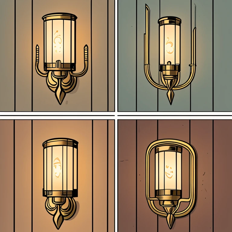 Cartoon style, Several different classic wall sconces from different angles. All kinds of wall sconces.